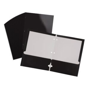2 Pocket Laminated Paper Folder, 3-Hole, Black, 25 Pack