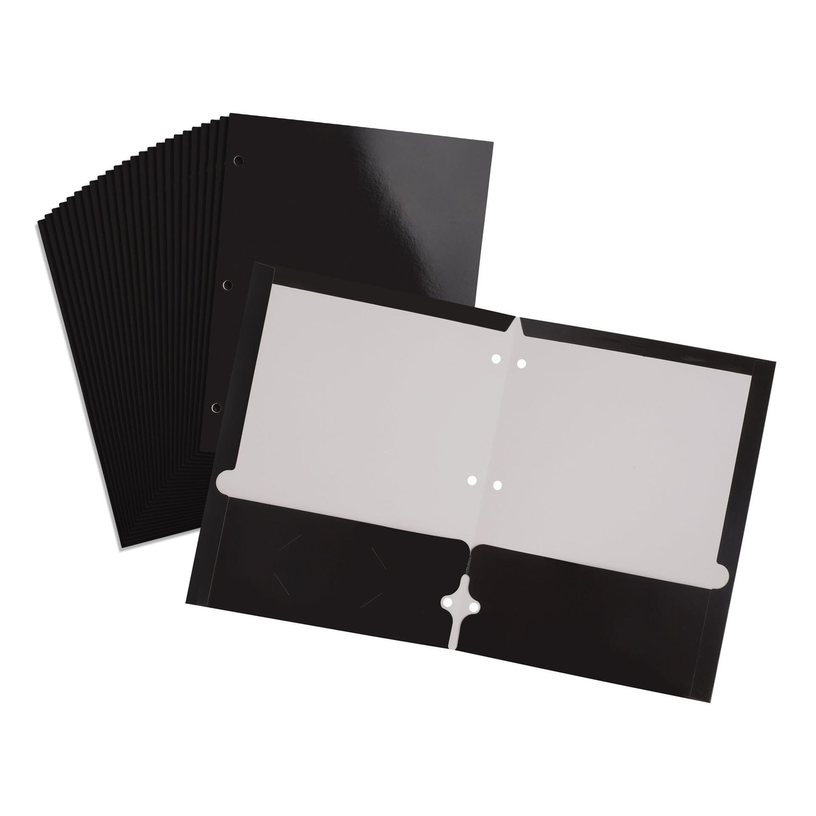 2 Pocket Laminated Paper Folder, 3-Hole, Black, 25 Pack