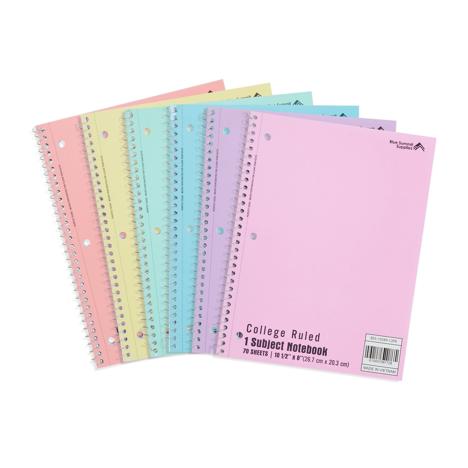 Wide Ruled Spiral Notebooks, 70ct, Pastel Colors, 12 Pack
