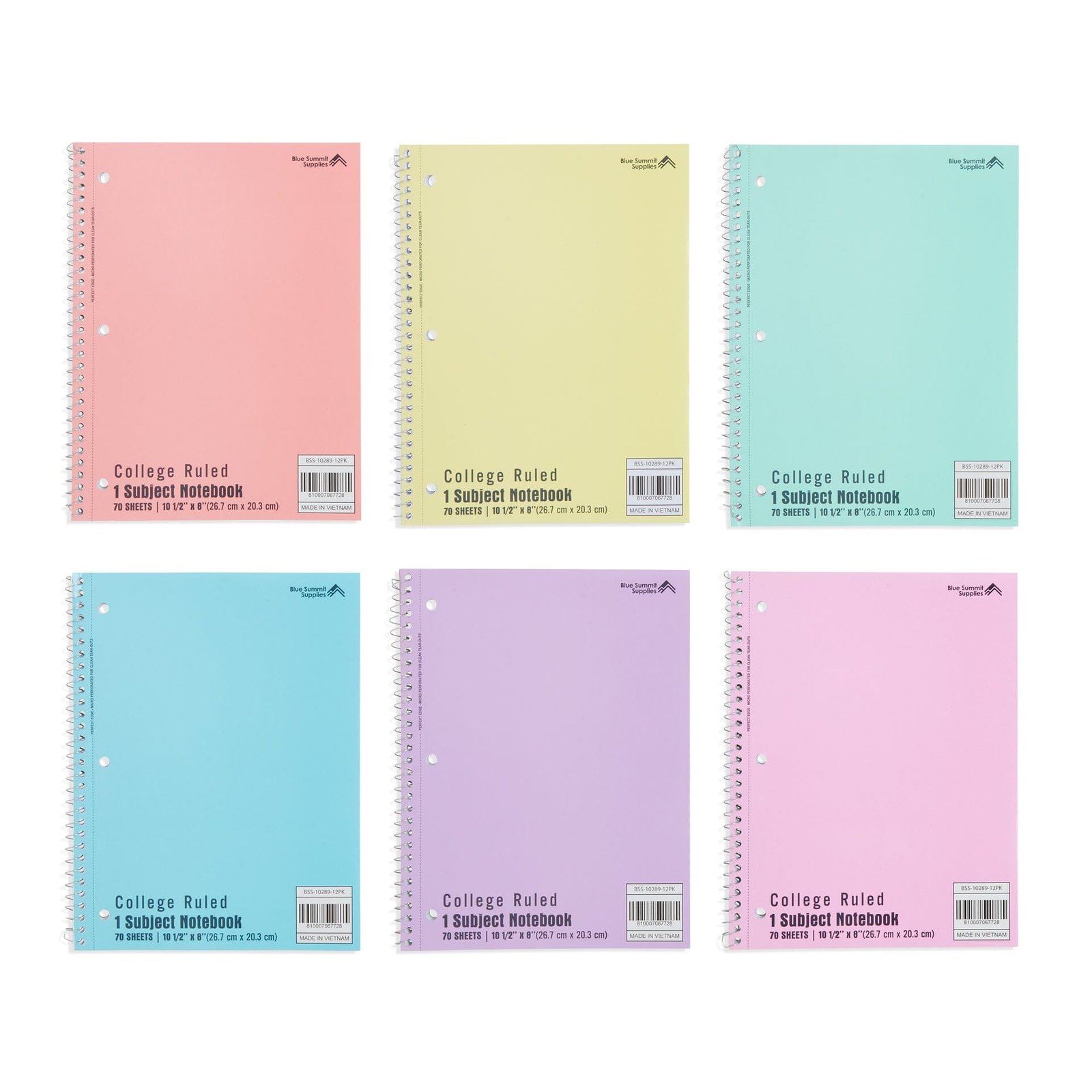 College Ruled Spiral Notebooks, 70ct, Pastel Colors, 6 Pack - Image 2