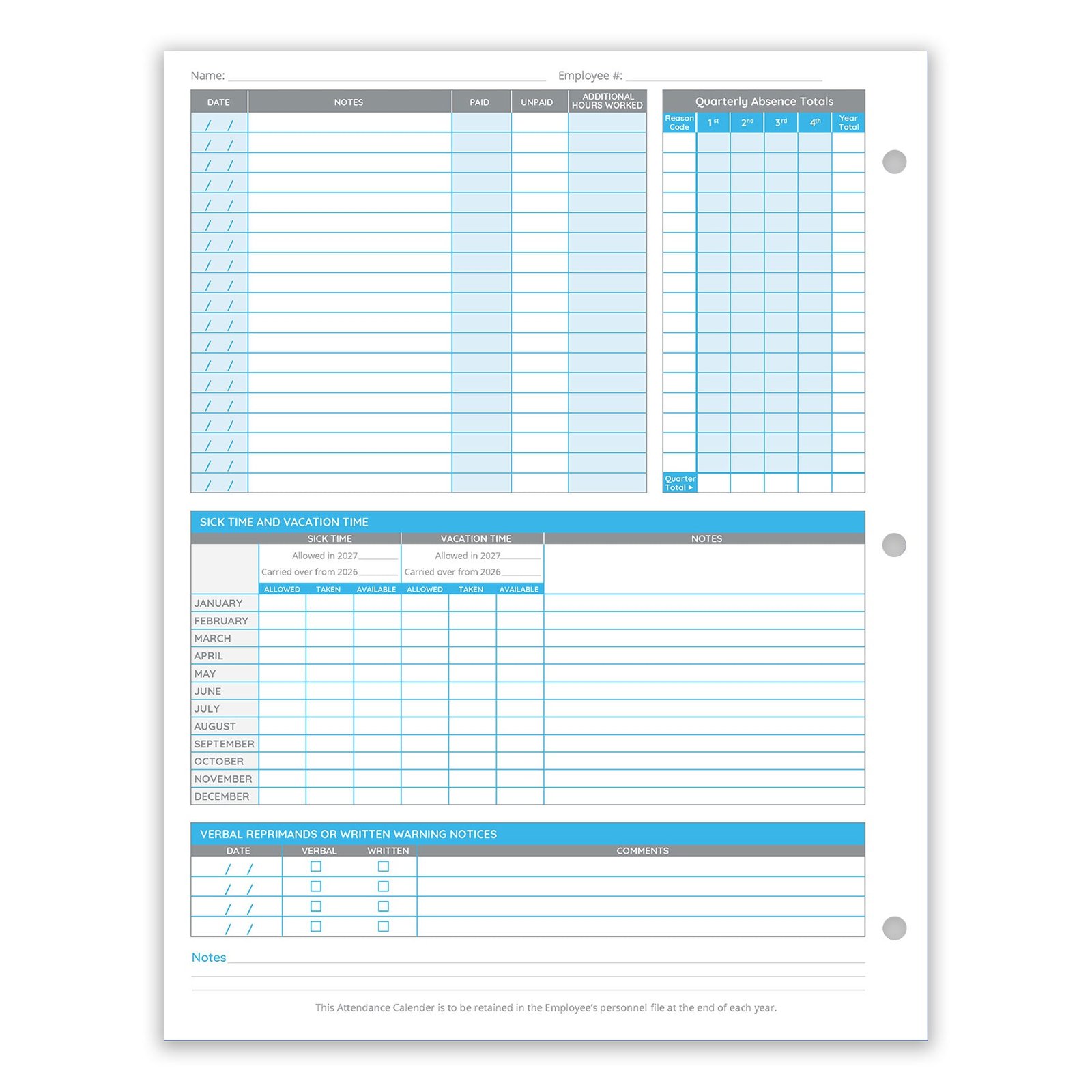Employee 2027 Attendance Sheets, Hole Punched, 50 Pack - Image 2