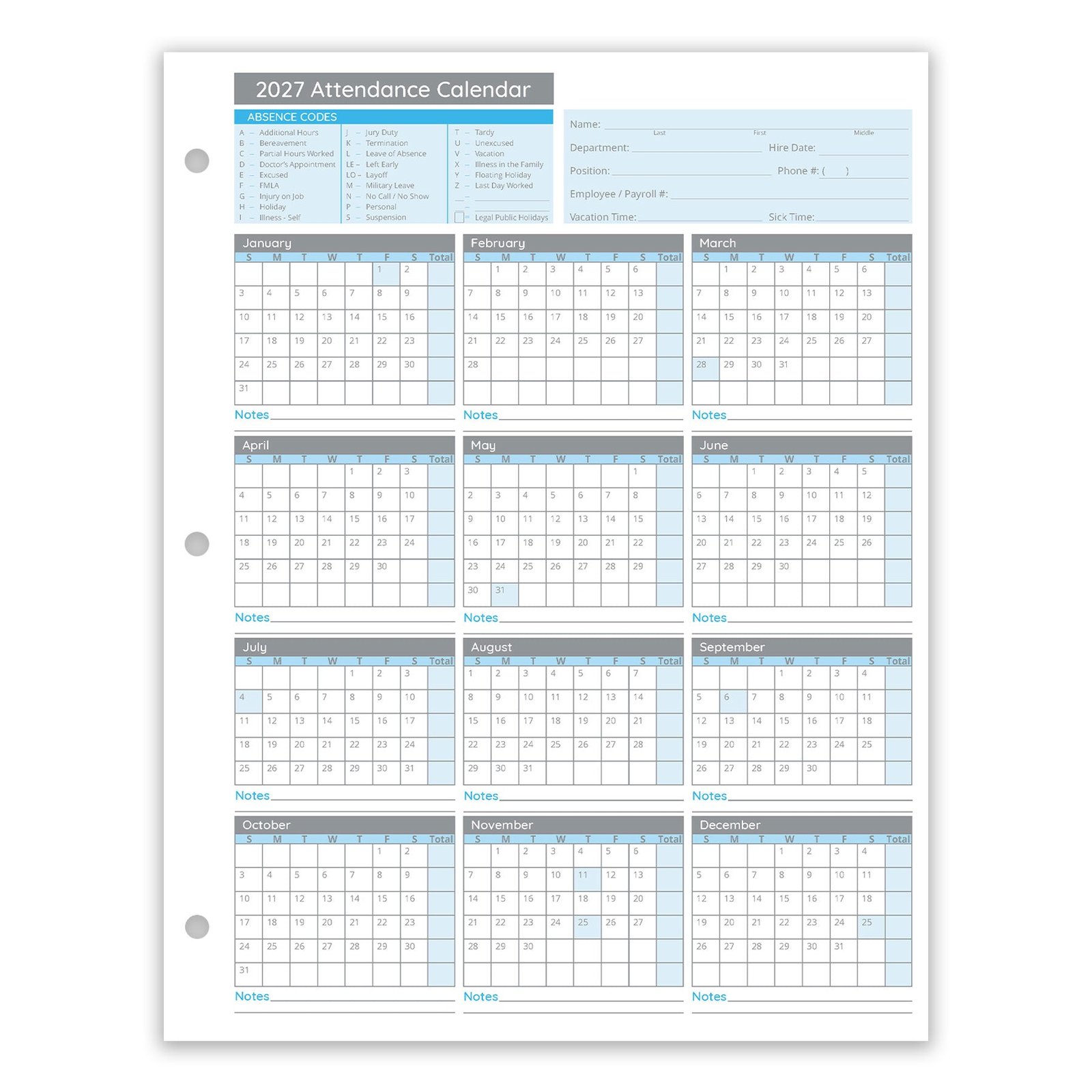 Employee 2027 Attendance Sheets, Hole Punched, 50 Pack - Image 3