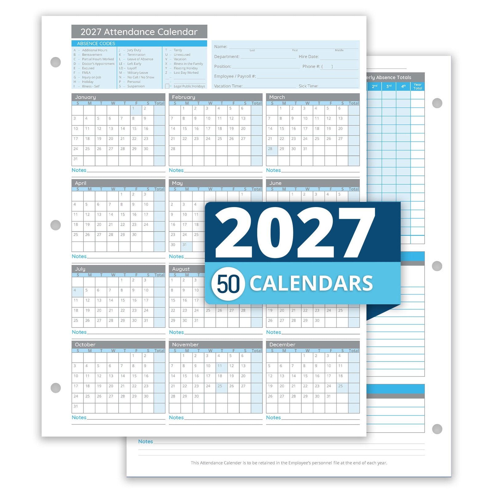 Employee 2027 Attendance Sheets, Hole Punched, 50 Pack